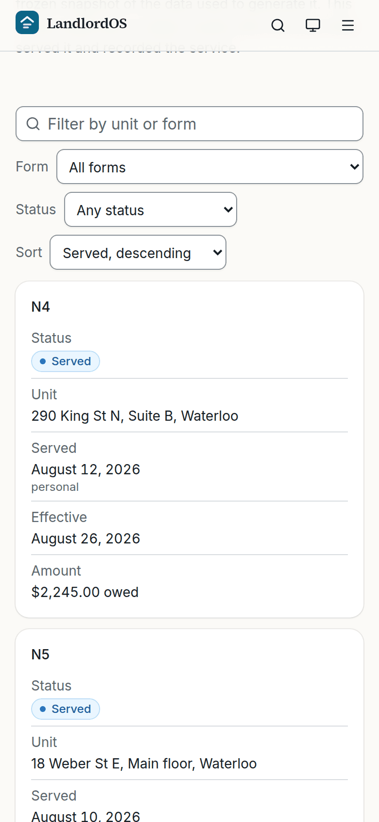 The Notices list showing eleven notices across form types N1, N2, N4, N5, N12 and N13, with statuses Served, Voided, Applied and Prepared, each with the date it was served and the date it takes effect. Two of them are N4s: one served yesterday whose termination date is a fortnight out, and one served three weeks ago whose termination date has passed and which an L1 has since been filed on. The N13 was served in April and terminates six weeks from now.